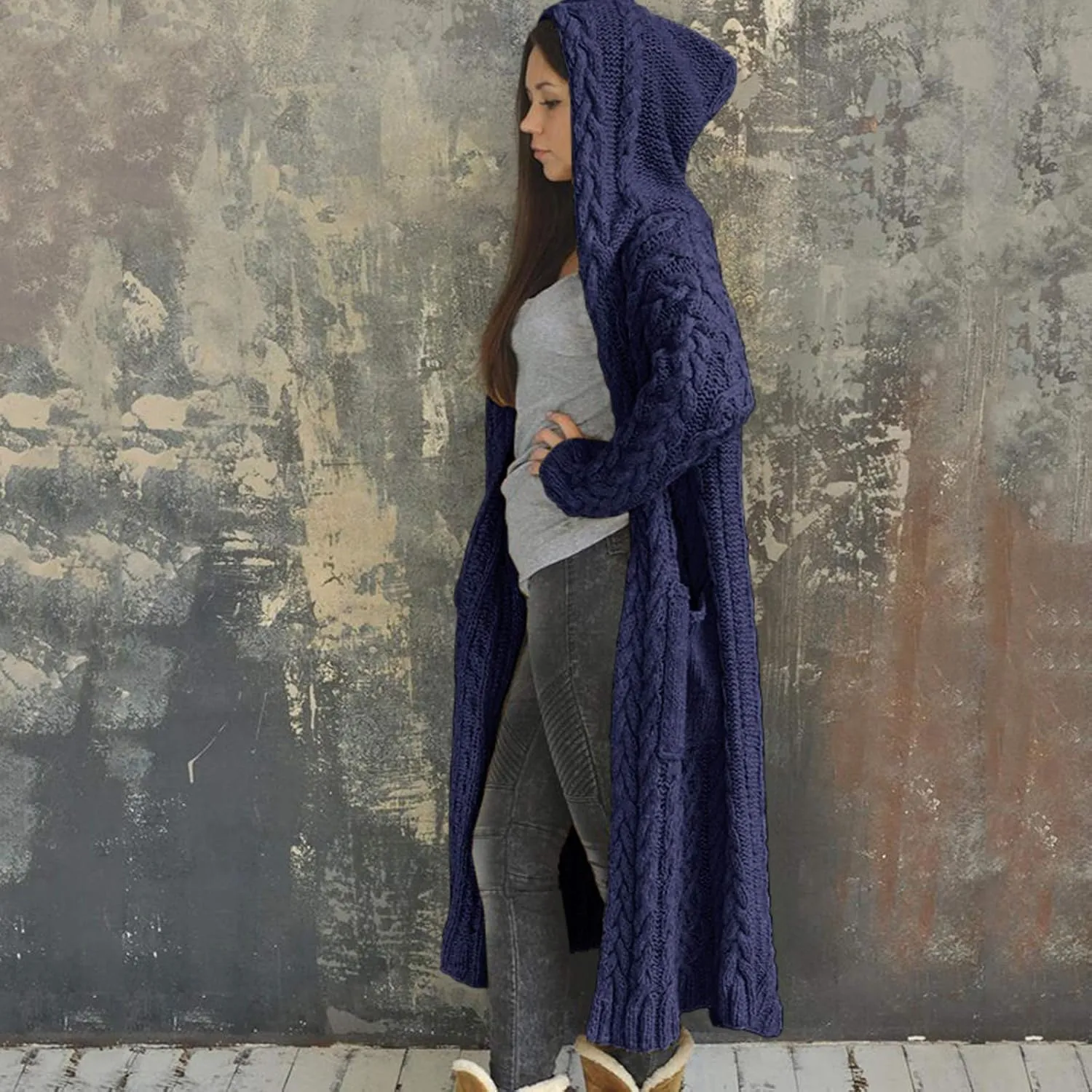Corduroy Jacket Women Oversized Baggy Knit Sweater Tops Long Sleeve Hooded Cardigan Coat with Pockets