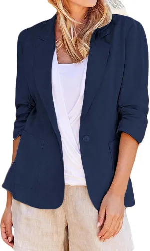 Cotton Linen Blazer Women 3/4 Stretchy Ruched Sleeve Fully Lined Boyfriend Lightweight Breathable Casual Work Jacket