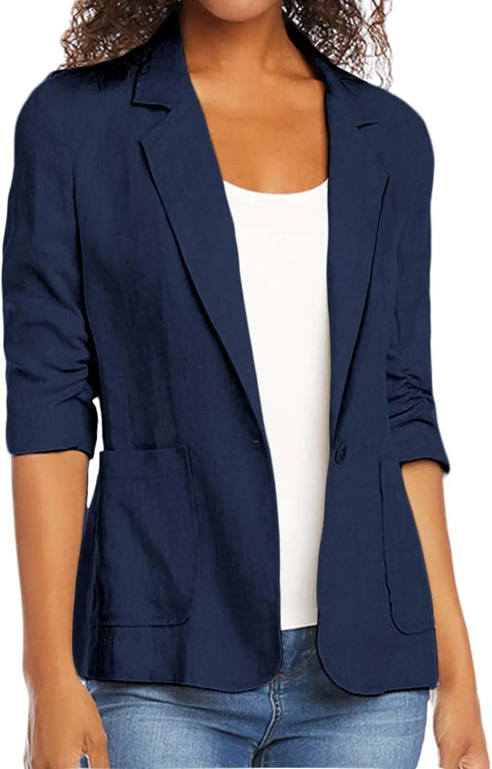 Cotton Linen Blazer Women 3/4 Stretchy Ruched Sleeve Fully Lined Boyfriend Lightweight Breathable Casual Work Jacket