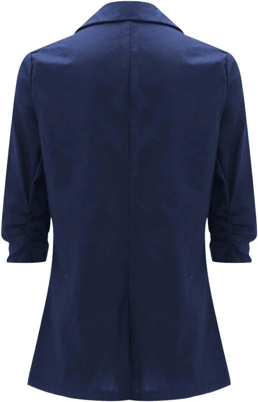 Cotton Linen Blazer Women 3/4 Stretchy Ruched Sleeve Fully Lined Boyfriend Lightweight Breathable Casual Work Jacket