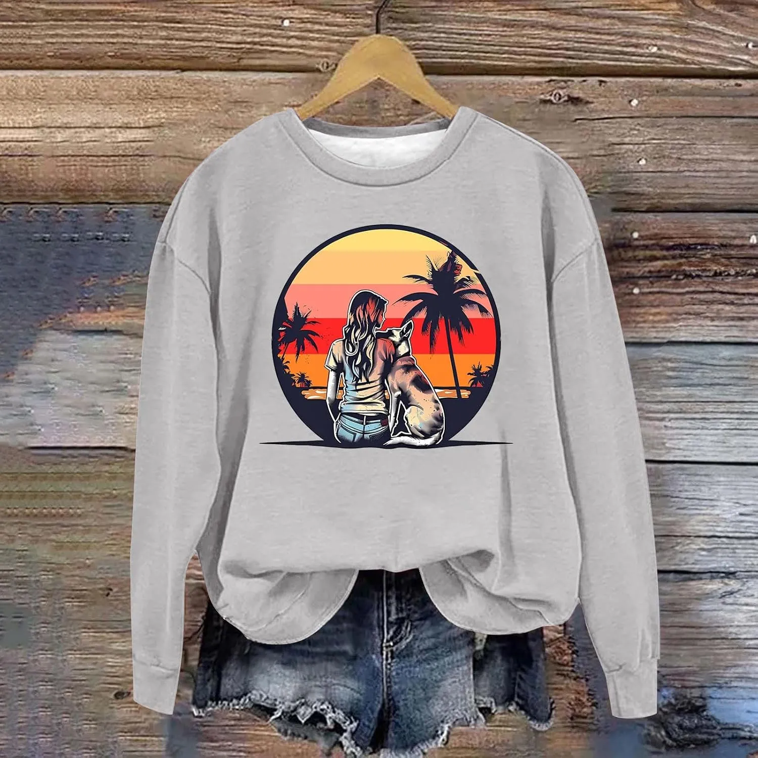 Crew Neck Sweatshirts Women Long Sleeve Casual Loose Fit Graphic Print Pullover Tops Fleece Lightweight Fashion Tops