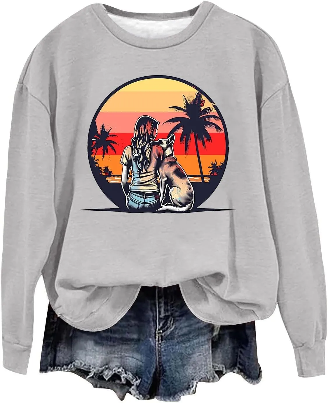 Crew Neck Sweatshirts Women Long Sleeve Casual Loose Fit Graphic Print Pullover Tops Fleece Lightweight Fashion Tops
