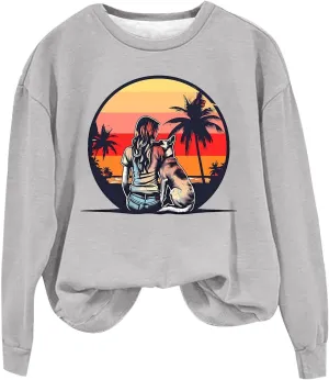 Crew Neck Sweatshirts Women Long Sleeve Casual Loose Fit Graphic Print Pullover Tops Fleece Lightweight Fashion Tops