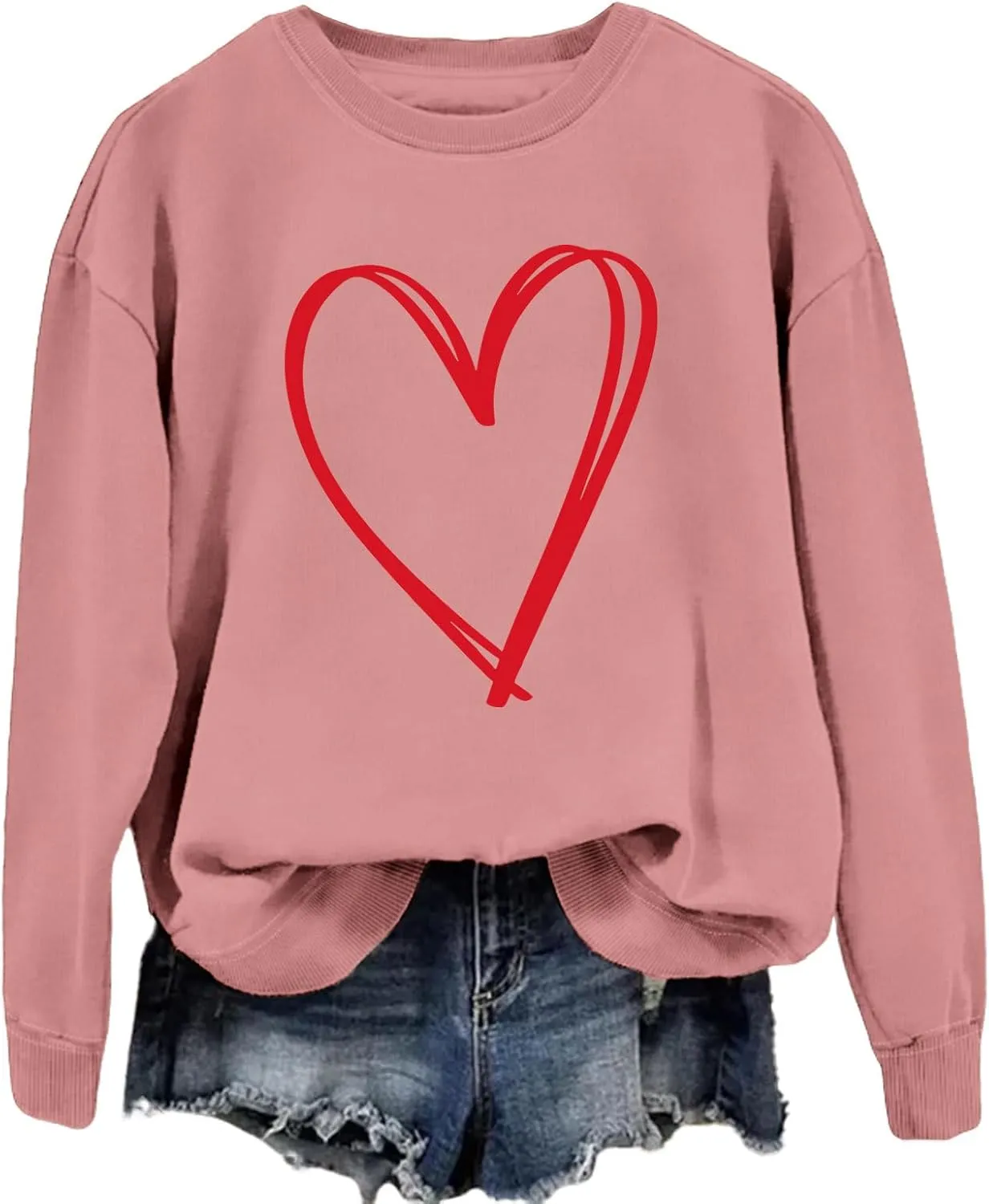 Crewneck Sweatshirts Women Valentine's Day Sweatshirt Love Heart Grahic Print Long Sleeve Pullover Casual Tops