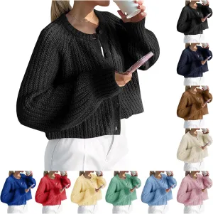 Crochet Cardigan Sweaters for Women Tops Chunky Knitted Crew Neck Trendy Cropped Button Long Sleeve Sweater Fall 2024