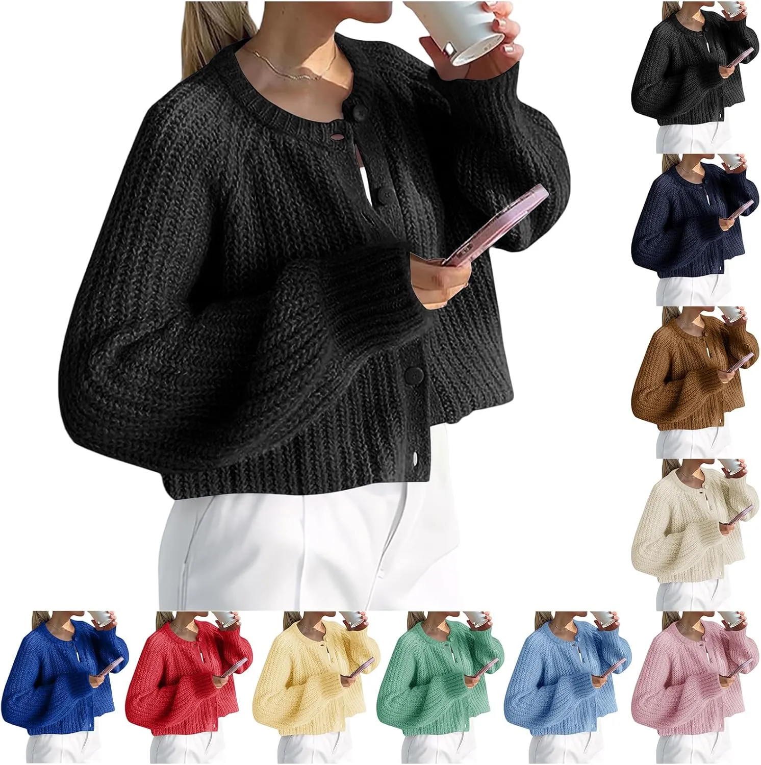 Crochet Cardigan Sweaters for Women Tops Chunky Knitted Crew Neck Trendy Cropped Button Long Sleeve Sweater Fall 2024