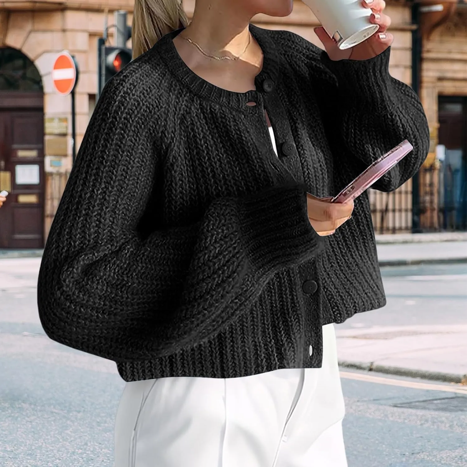 Crochet Cardigan Sweaters for Women Tops Chunky Knitted Crew Neck Trendy Cropped Button Long Sleeve Sweater Fall 2024