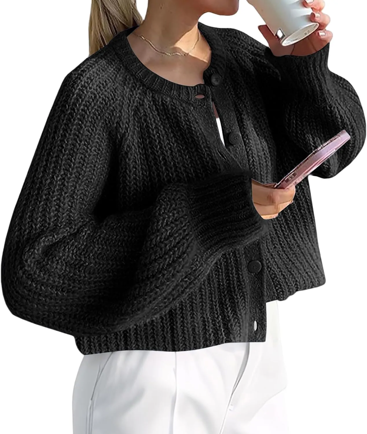Crochet Cardigan Sweaters for Women Tops Chunky Knitted Crew Neck Trendy Cropped Button Long Sleeve Sweater Fall 2024
