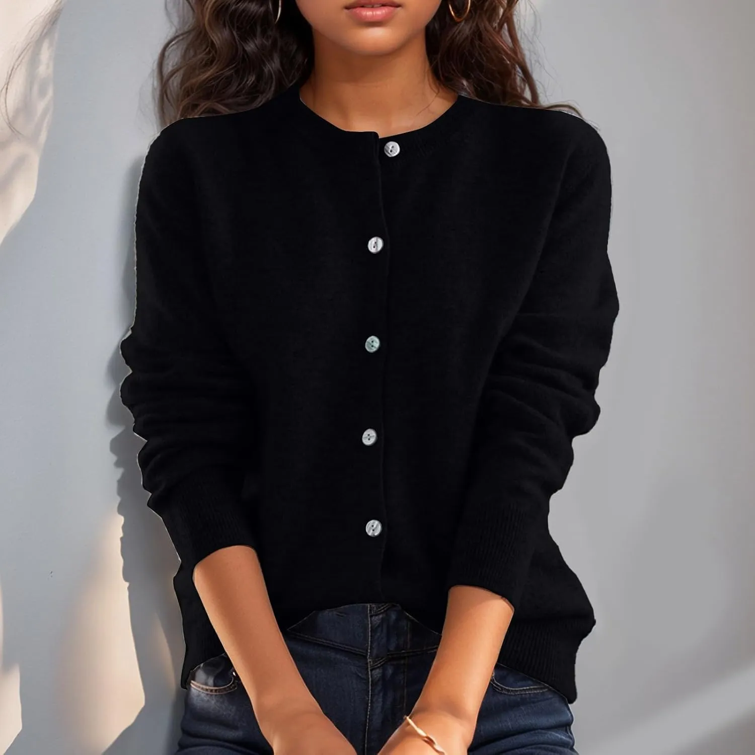 Cropped Sweaters for Women Knitted Lightweight Sweaters Long Sleeve Button Up Sweaters Cable Knit Open Front Cardigan