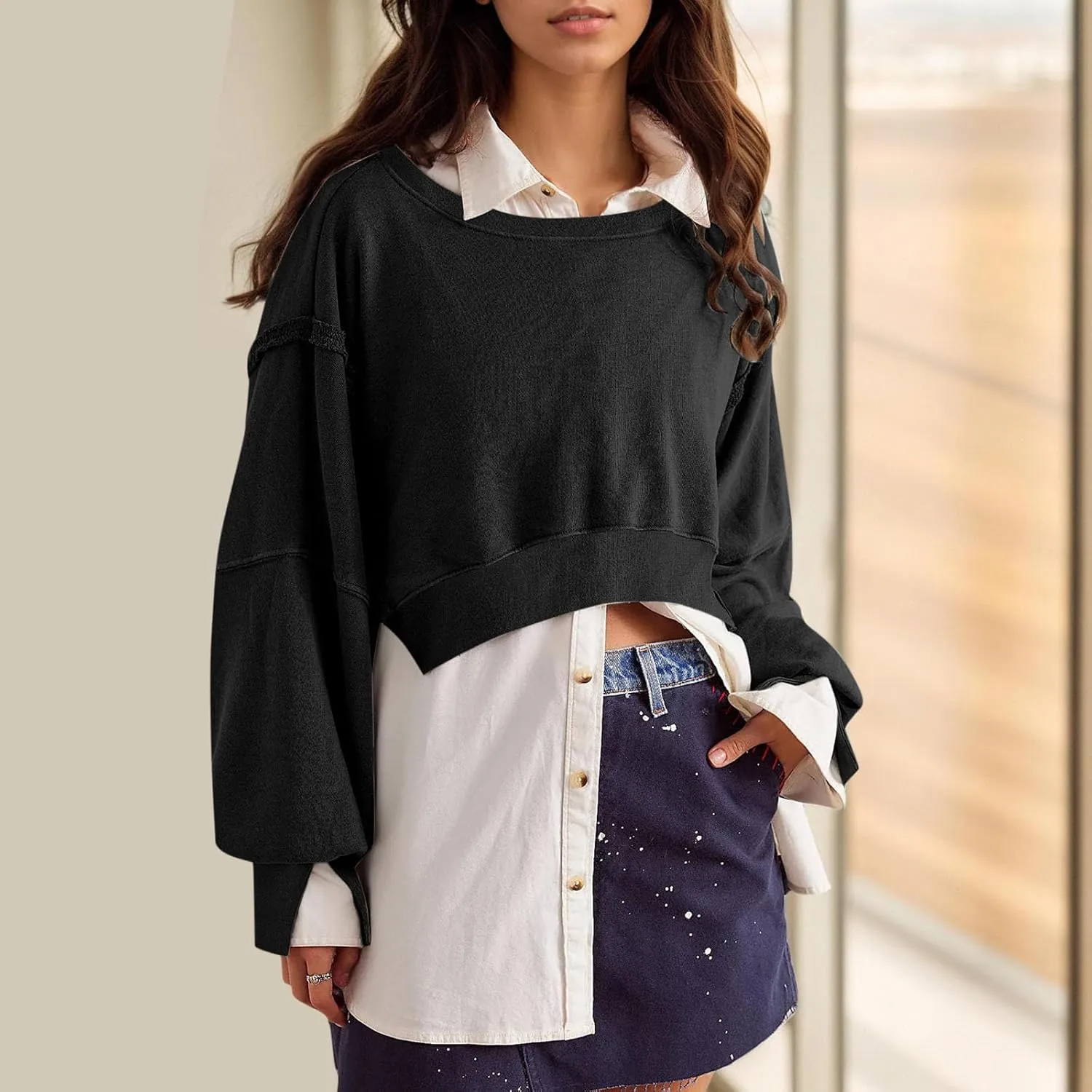 Cropped Sweatshirt For Women Fashion 2024 Casual Long Sleeve Crewneck Oversized Pullover Sweatshirts Fall y2k Clothes