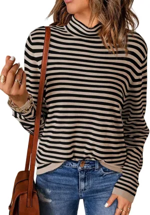Dokotoo Women's Lightweight Sweaters 2025 Fashion Striped Long Sleeve Sweaters Casual Pullover Turtleneck Sweater Tops