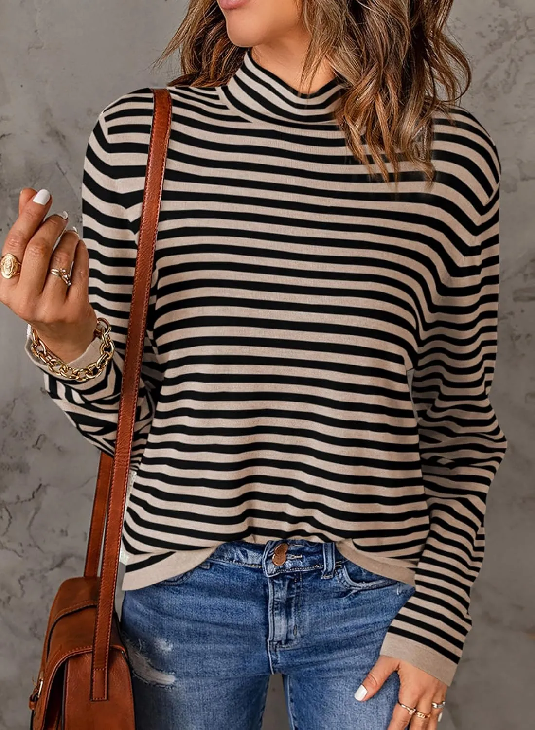 Dokotoo Women's Lightweight Sweaters 2025 Fashion Striped Long Sleeve Sweaters Casual Pullover Turtleneck Sweater Tops