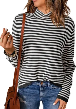 Dokotoo Women's Lightweight Sweaters 2025 Fashion Striped Long Sleeve Sweaters Casual Pullover Turtleneck Sweater Tops