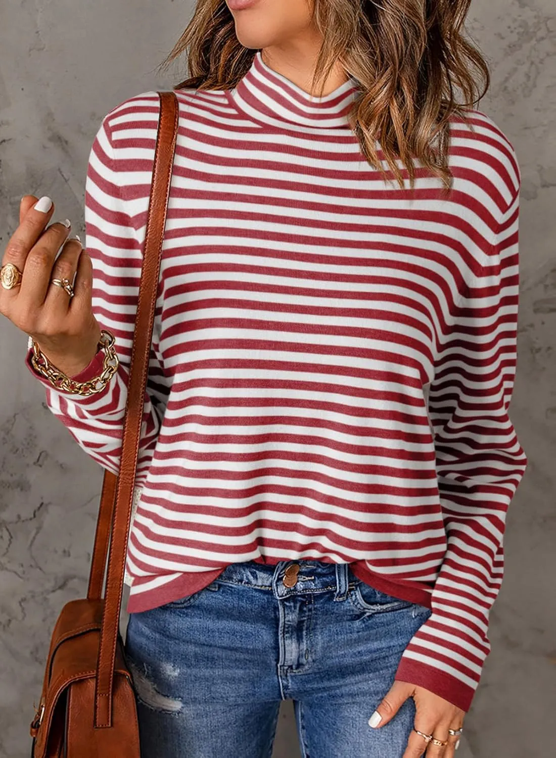 Dokotoo Women's Lightweight Sweaters 2025 Fashion Striped Long Sleeve Sweaters Casual Pullover Turtleneck Sweater Tops