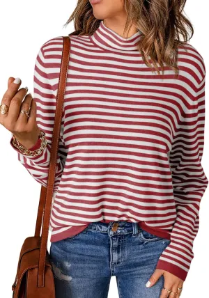 Dokotoo Women's Lightweight Sweaters 2025 Fashion Striped Long Sleeve Sweaters Casual Pullover Turtleneck Sweater Tops