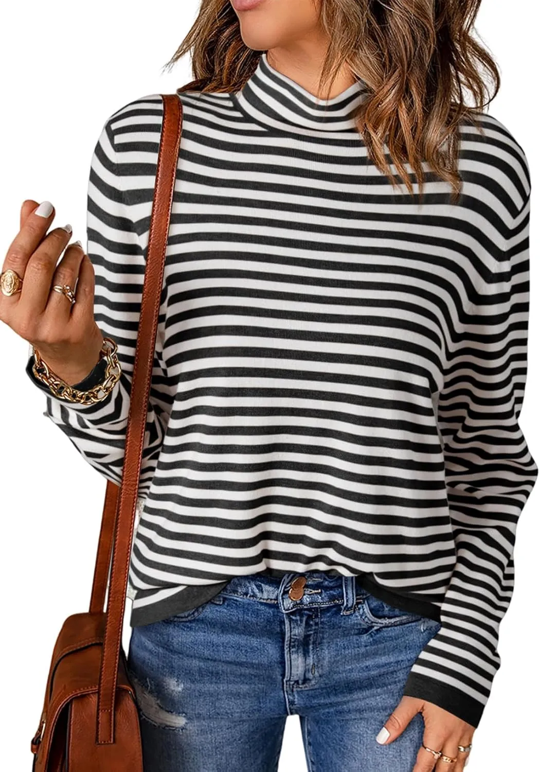 Dokotoo Women's Lightweight Sweaters 2025 Fashion Striped Long Sleeve Sweaters Casual Pullover Turtleneck Sweater Tops