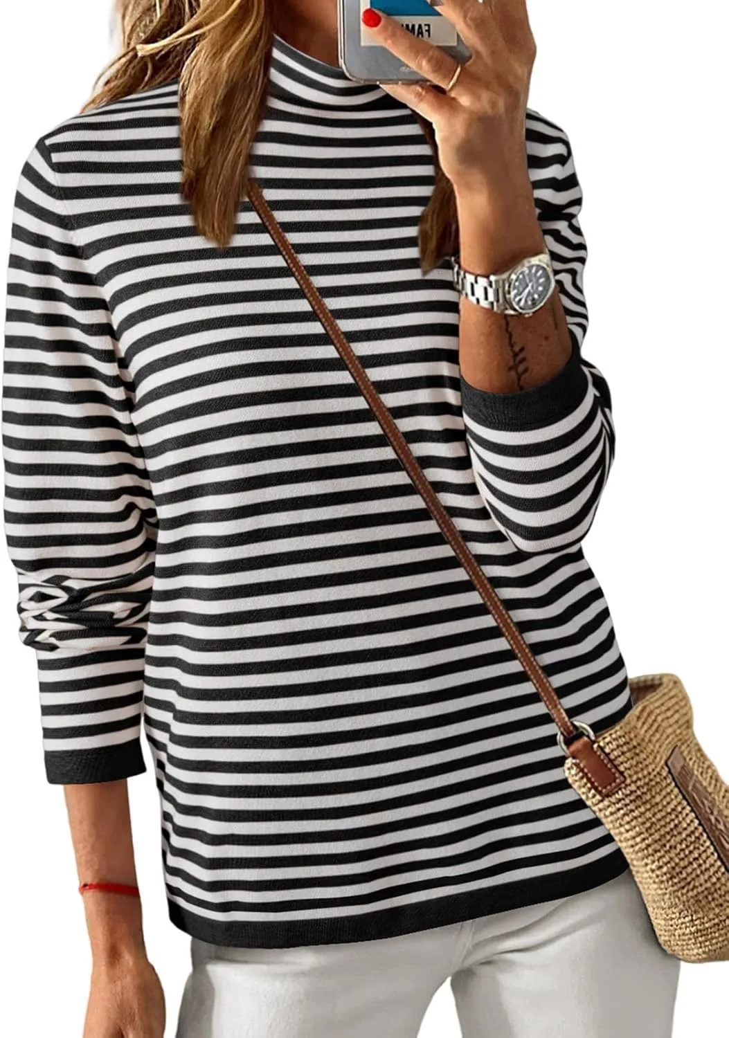 Dokotoo Women's Lightweight Sweaters 2025 Fashion Striped Long Sleeve Sweaters Casual Pullover Turtleneck Sweater Tops