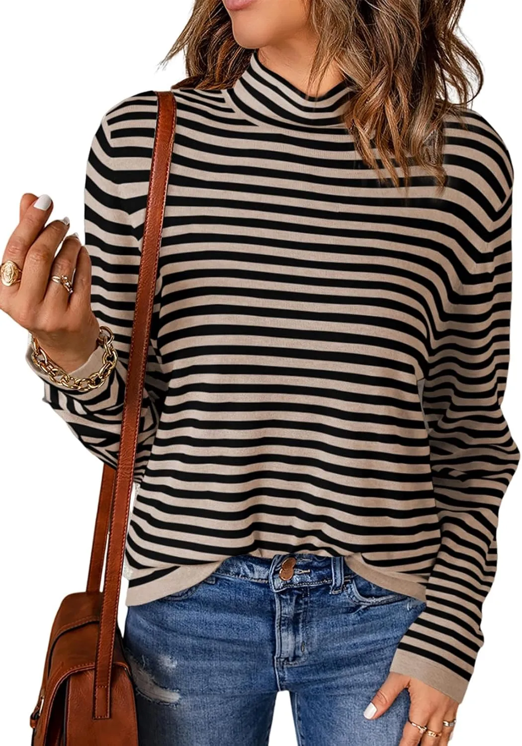 Dokotoo Women's Lightweight Sweaters 2025 Fashion Striped Long Sleeve Sweaters Casual Pullover Turtleneck Sweater Tops