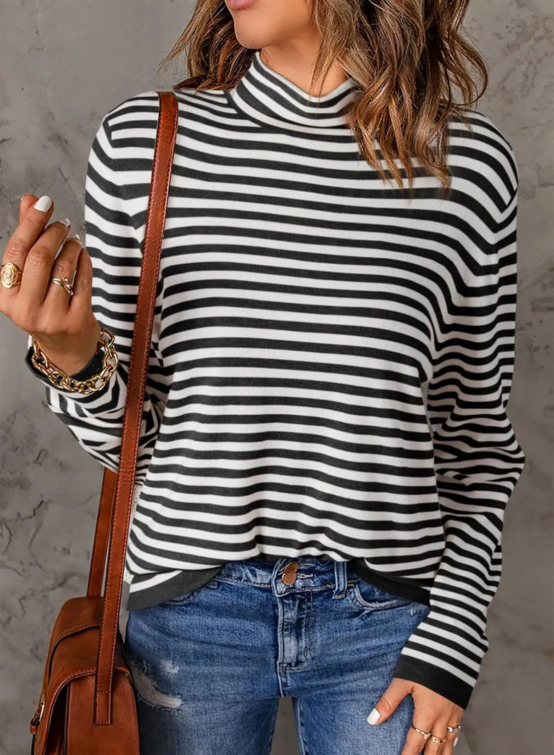 Dokotoo Women's Lightweight Sweaters 2025 Fashion Striped Long Sleeve Sweaters Casual Pullover Turtleneck Sweater Tops