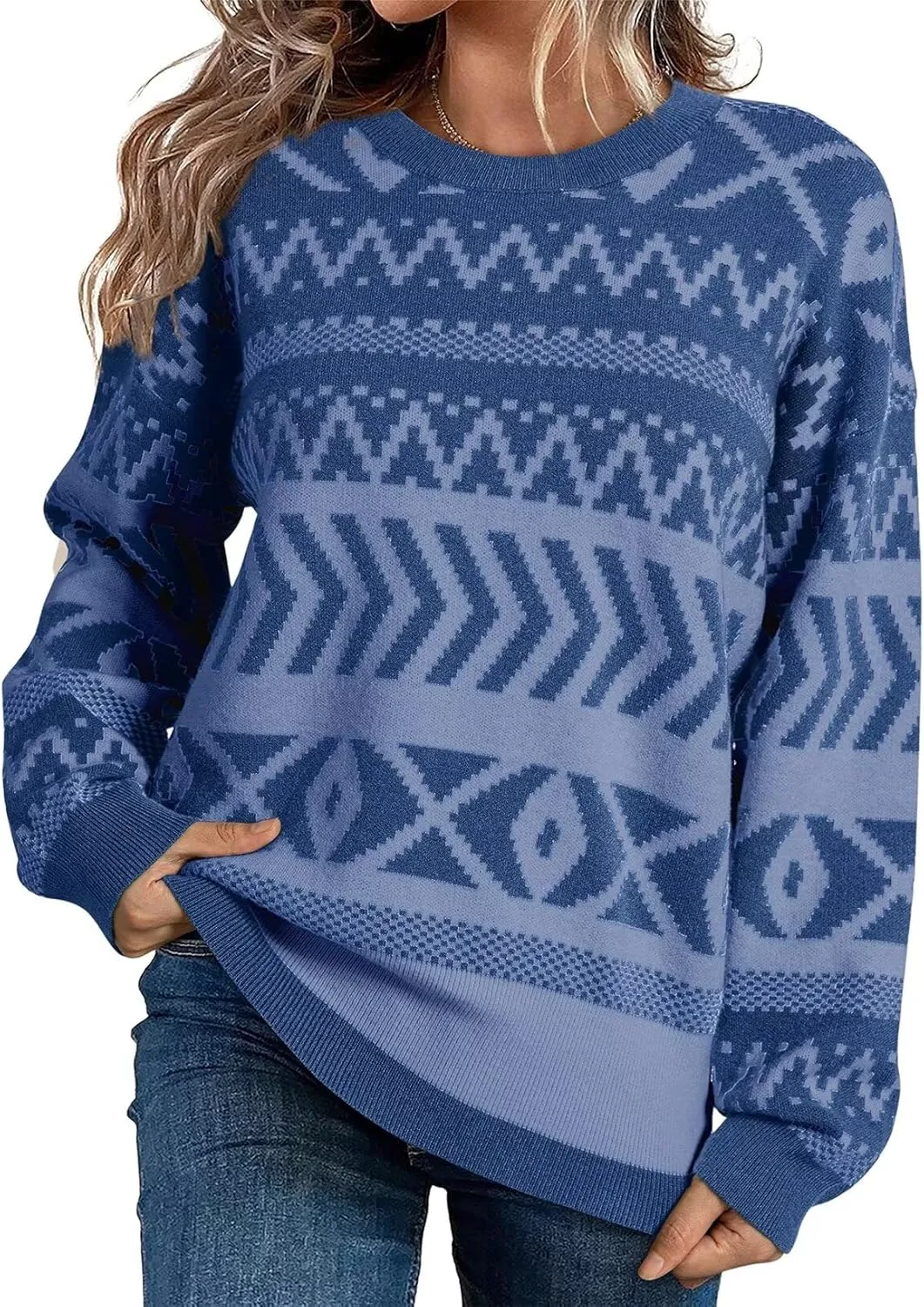 Dokotoo Womens Sweaters Casual Lightweight Round Neck Colorblock Striped Sweaters Long Sleeve Abstract Pullover Jumper Tops