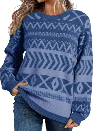 Dokotoo Womens Sweaters Casual Lightweight Round Neck Colorblock Striped Sweaters Long Sleeve Abstract Pullover Jumper Tops