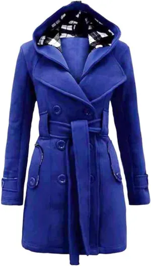 Double Breasted Trench Coat Women Plus Size Winter Peacoat with Plaid Hood Thick Warm Belted Mid Length Outwear with Pockets
