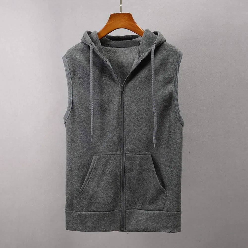 DuDubaby Fashion Men Sleeveless Solid Hooded Slim Jacket Blouse Tops Shirt