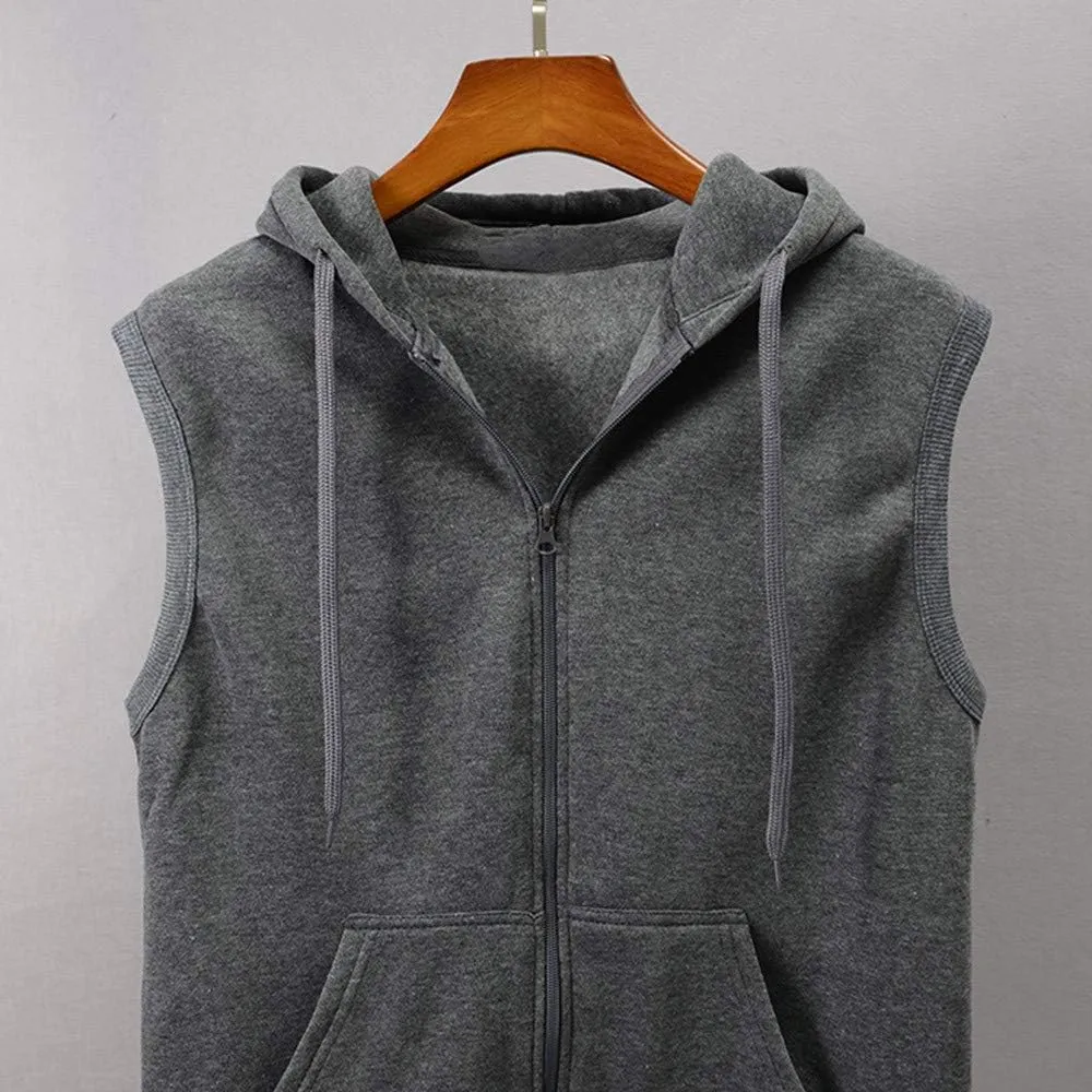 DuDubaby Fashion Men Sleeveless Solid Hooded Slim Jacket Blouse Tops Shirt