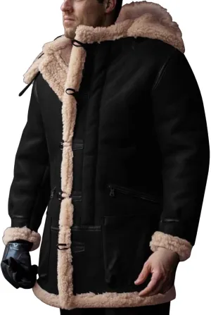DuDubaby Men's Artificial Lined Hooded Jacket Men's Retro Long Jacket Coat