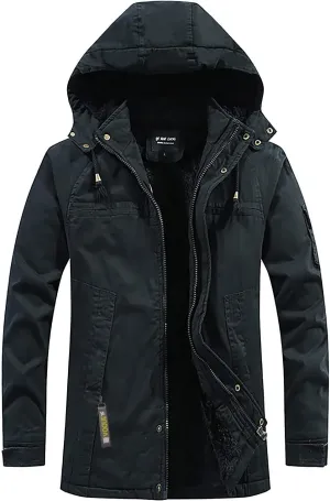 DuDubaby Vintage Jacket for Mens Men's Winter Hooded Windproof Solid Long Sleeve Soft Coat Jacket