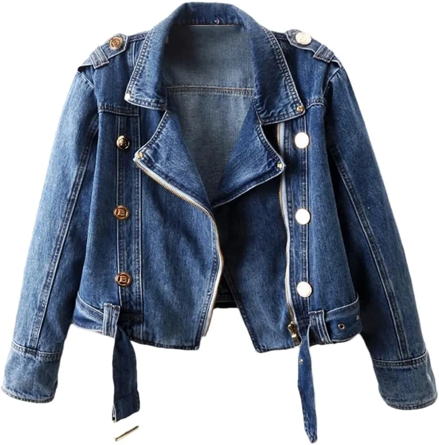 Dvbfufv Women's Spring Zipper Long Sleeve Denim Coat Women's Casual Cropped Denim Tops Female Motorcycle Jackets