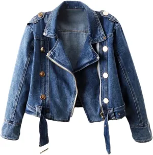 Dvbfufv Women's Spring Zipper Long Sleeve Denim Coat Women's Casual Cropped Denim Tops Female Motorcycle Jackets
