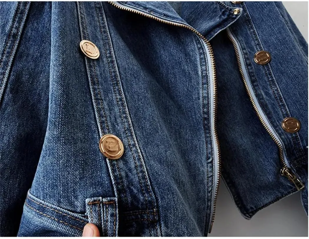 Dvbfufv Women's Spring Zipper Long Sleeve Denim Coat Women's Casual Cropped Denim Tops Female Motorcycle Jackets