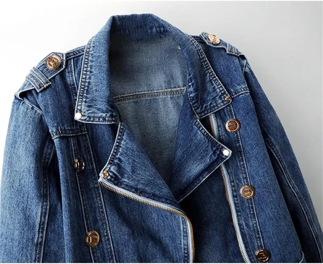 Dvbfufv Women's Spring Zipper Long Sleeve Denim Coat Women's Casual Cropped Denim Tops Female Motorcycle Jackets