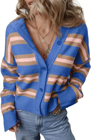 EVALESS Womens Striped Knit Cropped Chunky Lightweight Open Front Cardigans Sweaters 2024 Fashion Trendy Oversized Fall Loose Outerwear Coats,Sky Blue Stripe X-Large