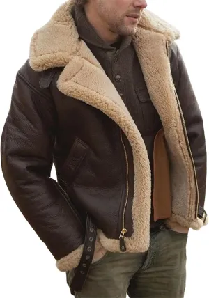 evzosrz Mens Faux Pu Leather Jacket Fleece Sherpa Lined Winter Warm Coats Heavyweight Button Faux Fur Collar Motorbike Coat