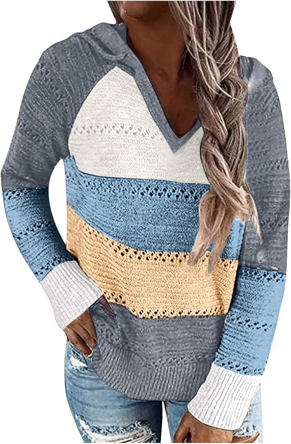 Fall Sweaters for Women 2024 Cable Knit V Neck Color Block Hooded Long Sleeve Soft Lightweight Casual Sweaters Tops