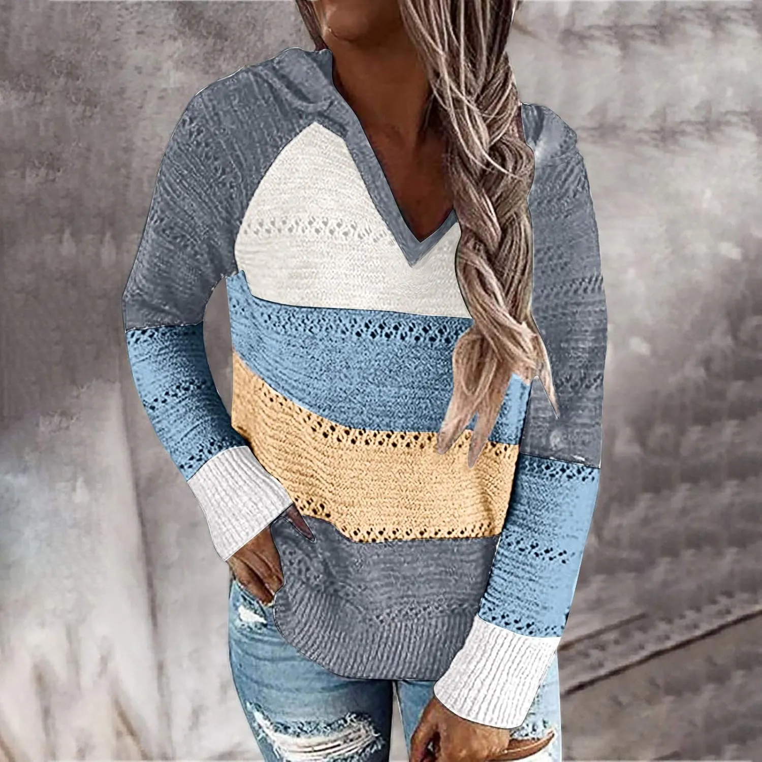 Fall Sweaters for Women 2024 Cable Knit V Neck Color Block Hooded Long Sleeve Soft Lightweight Casual Sweaters Tops
