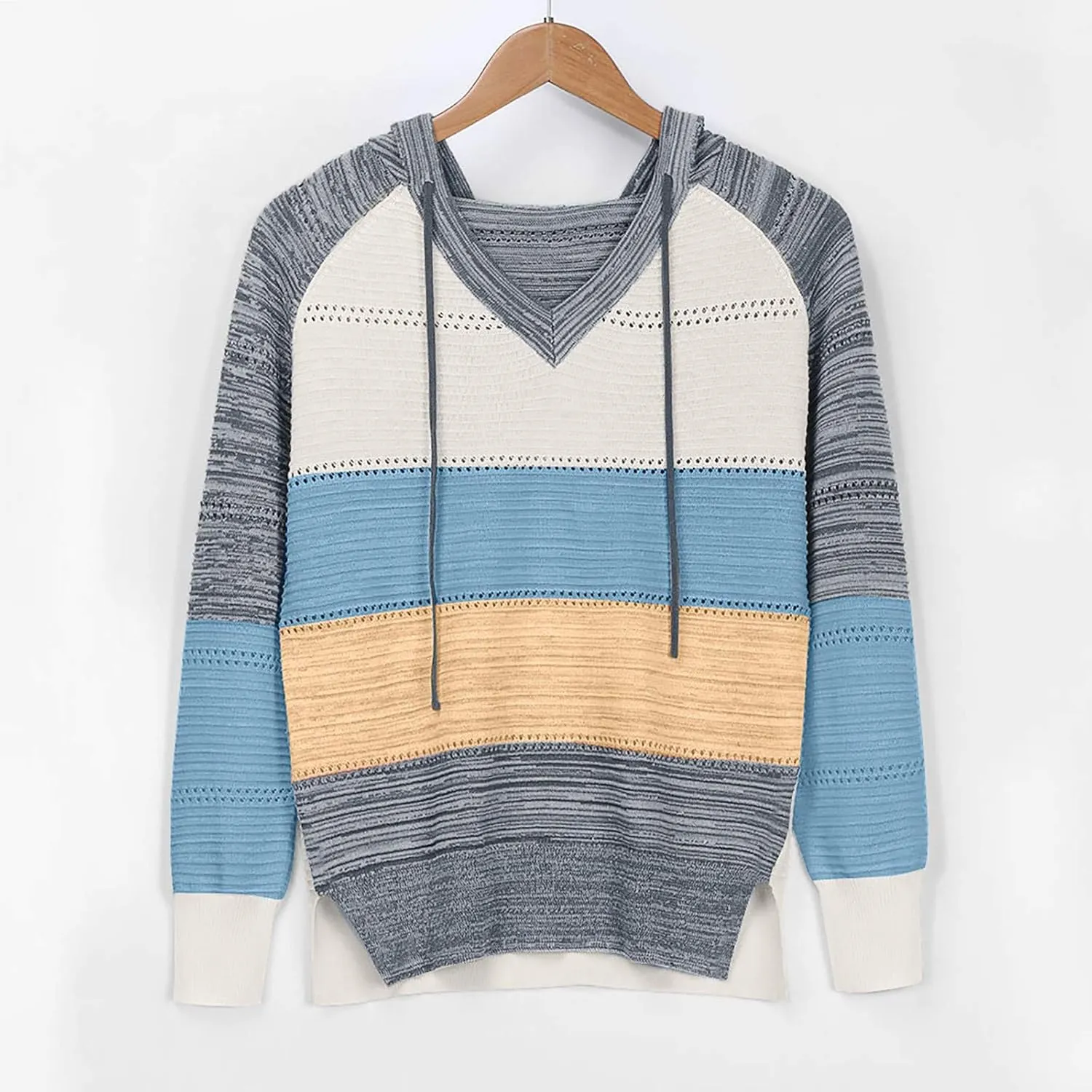 Fall Sweaters for Women 2024 Cable Knit V Neck Color Block Hooded Long Sleeve Soft Lightweight Casual Sweaters Tops