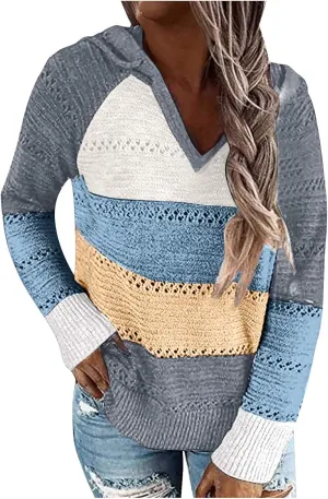 Fall Sweaters for Women 2024 Cable Knit V Neck Color Block Hooded Long Sleeve Soft Lightweight Casual Sweaters Tops