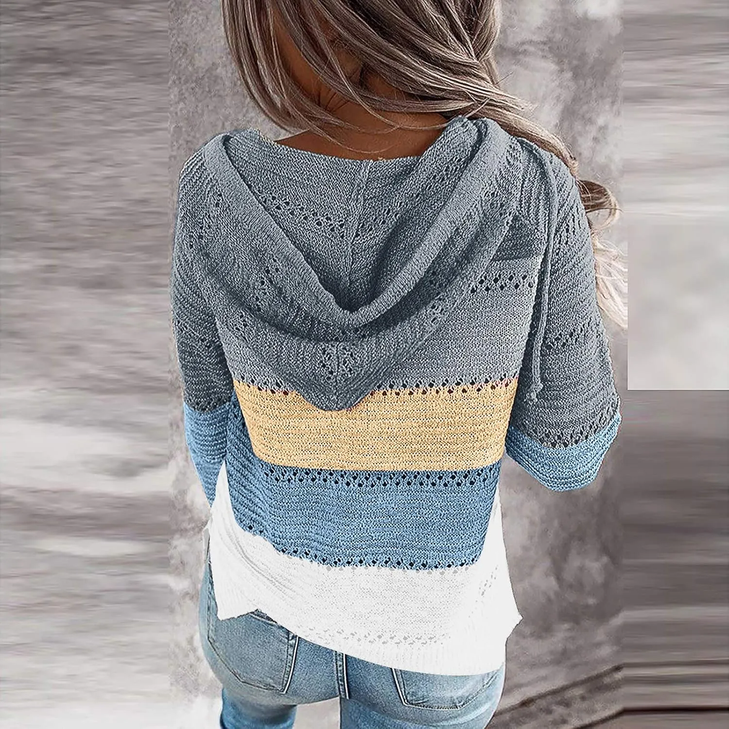 Fall Sweaters for Women 2024 Cable Knit V Neck Color Block Hooded Long Sleeve Soft Lightweight Casual Sweaters Tops