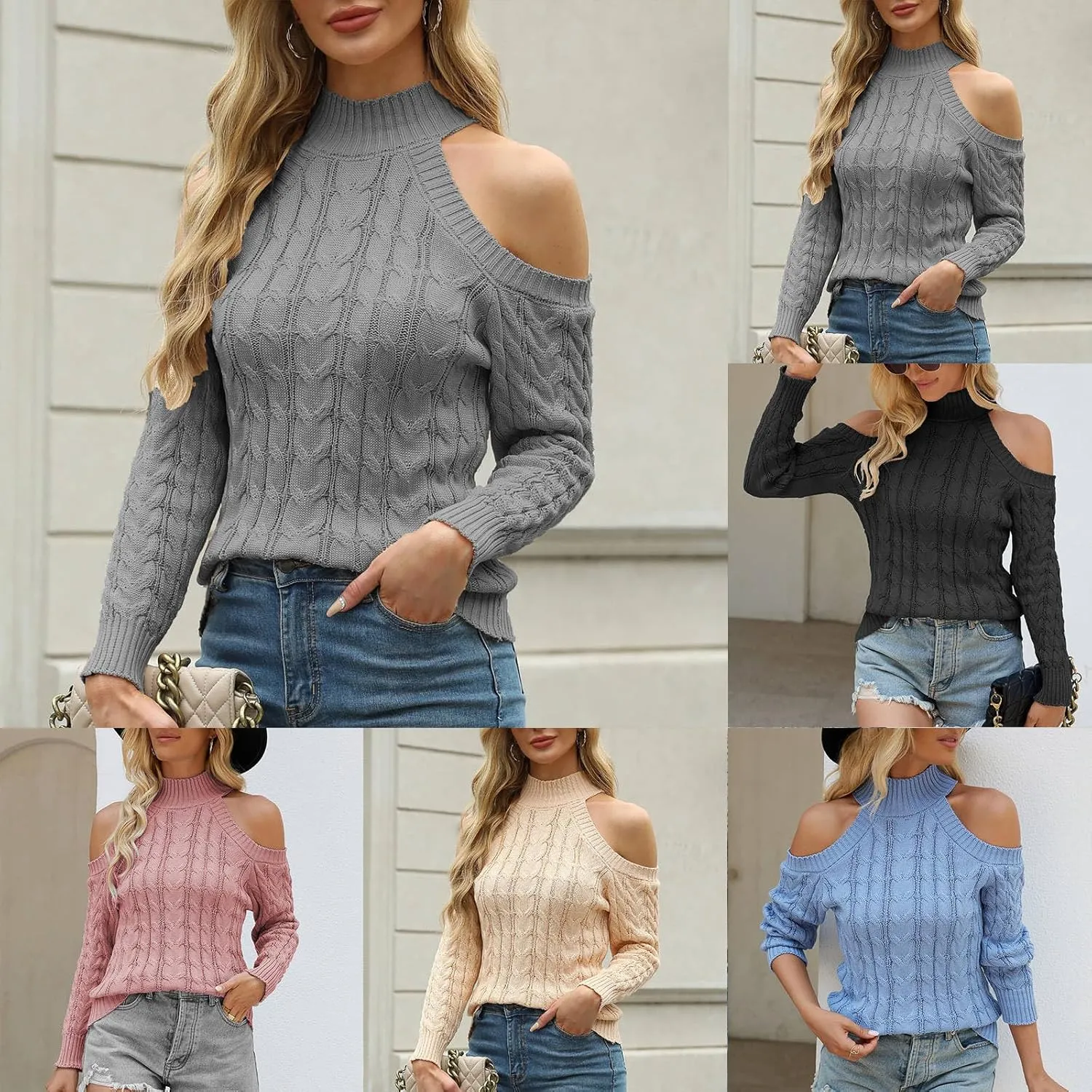 Fall Sweaters for Women Cable Knit Solid Color Crewneck Long Sleeve Lightweight Soft Casual Jumper Tops