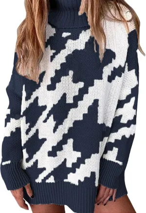 Fall Sweaters for Women Oversized Turtleneck Long Sleeve Tops Fashion Color Block Pullover Shirts Winter Knit Tops