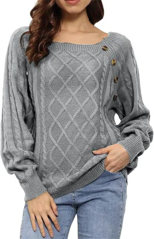Fashion Fall Sweater for Women Cable Knit Long Sleeve Blouse Casual Button Crewneck Loose Outfits Fashion Clothes