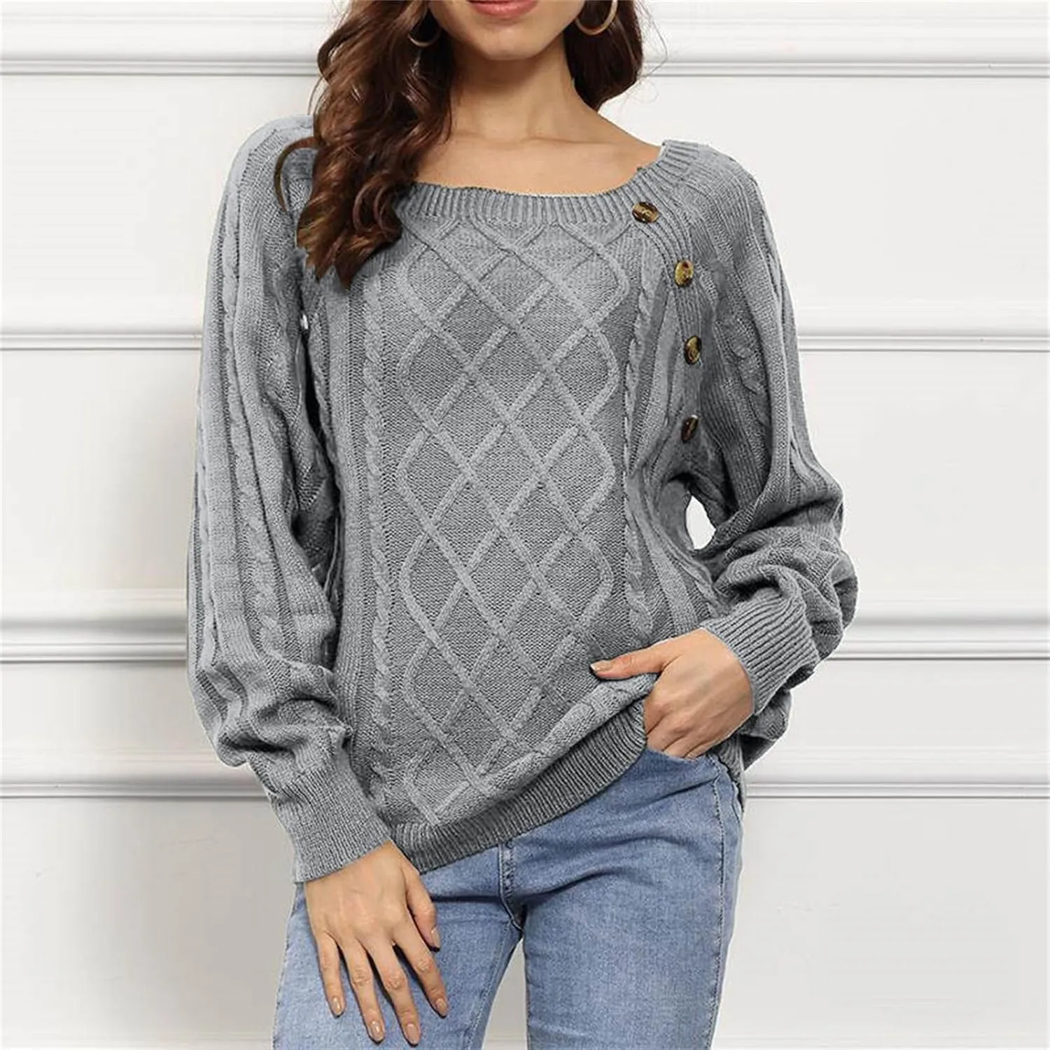 Fashion Fall Sweater for Women Cable Knit Long Sleeve Blouse Casual Button Crewneck Loose Outfits Fashion Clothes