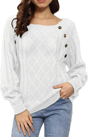 Fashion Fall Sweater for Women Cable Knit Long Sleeve Blouse Casual Button Crewneck Loose Outfits Fashion Clothes