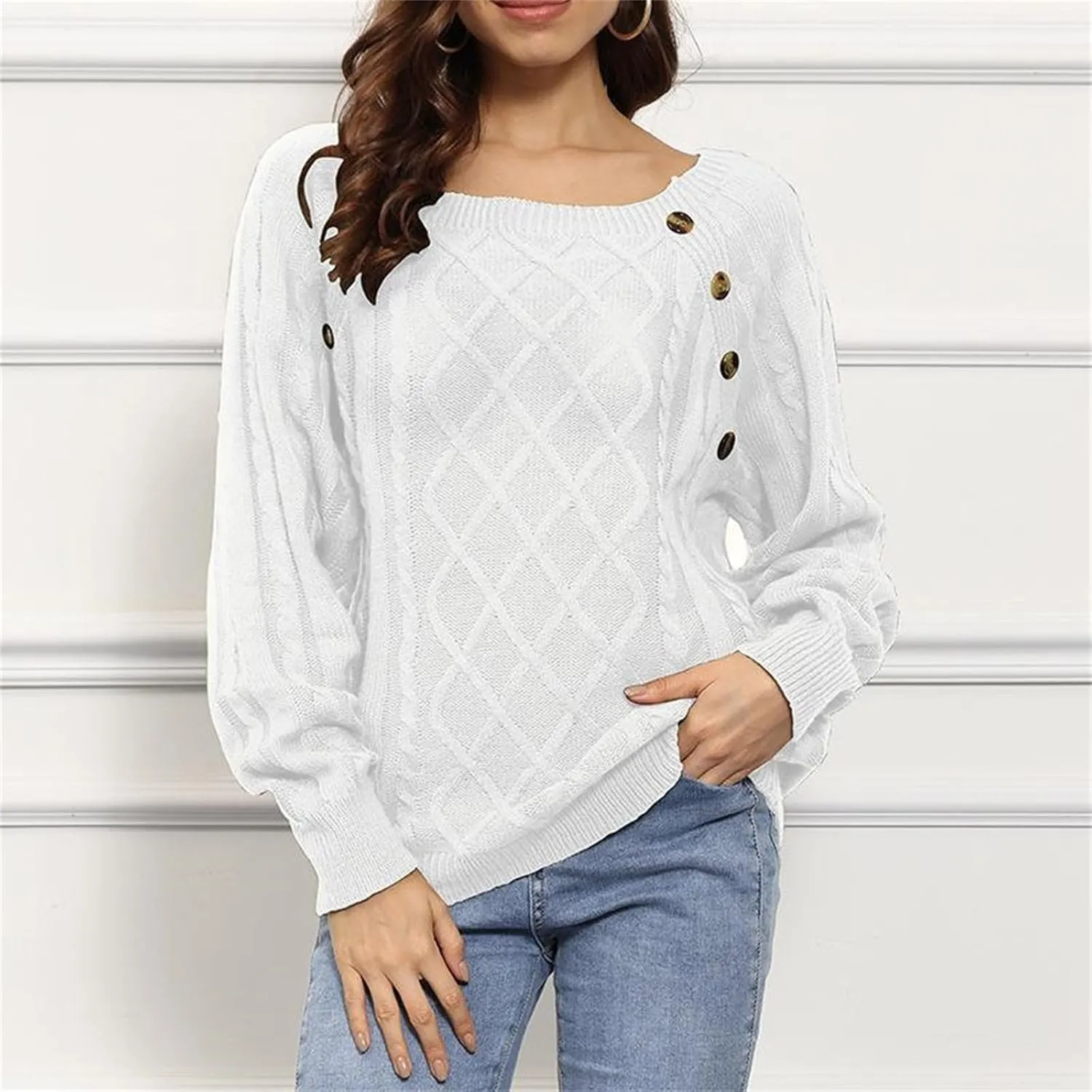 Fashion Fall Sweater for Women Cable Knit Long Sleeve Blouse Casual Button Crewneck Loose Outfits Fashion Clothes