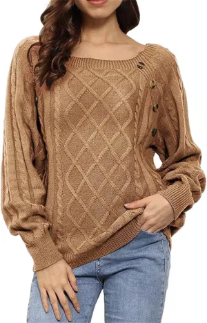 Fashion Fall Sweater for Women Cable Knit Long Sleeve Blouse Casual Button Crewneck Loose Outfits Fashion Clothes