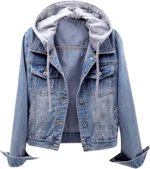 Fashion Jean Jacket Button Hooded Denim Jackets for Women Fall Winter Coats Velvet Hoodie Outwear Tops