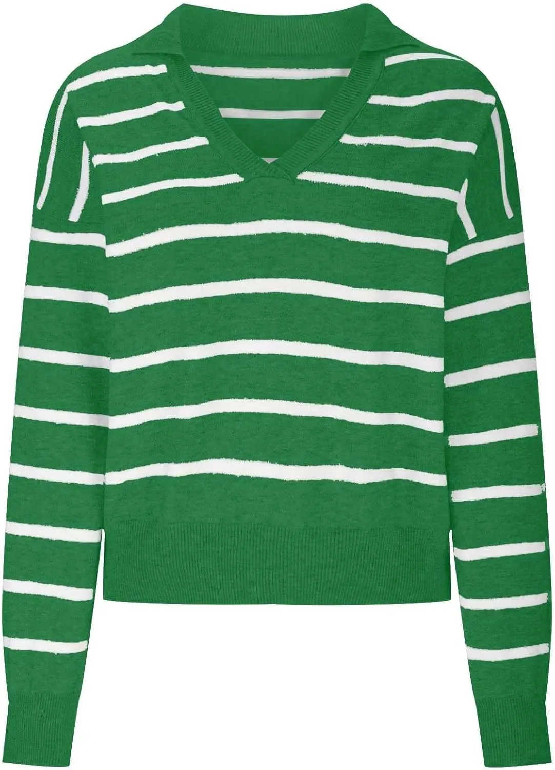 Fashion Sweater for Women Striped Kint Lapel Collar V Neck Long Sleeve Vintage Soft Crop Tops Fall Crochet Sweater Top